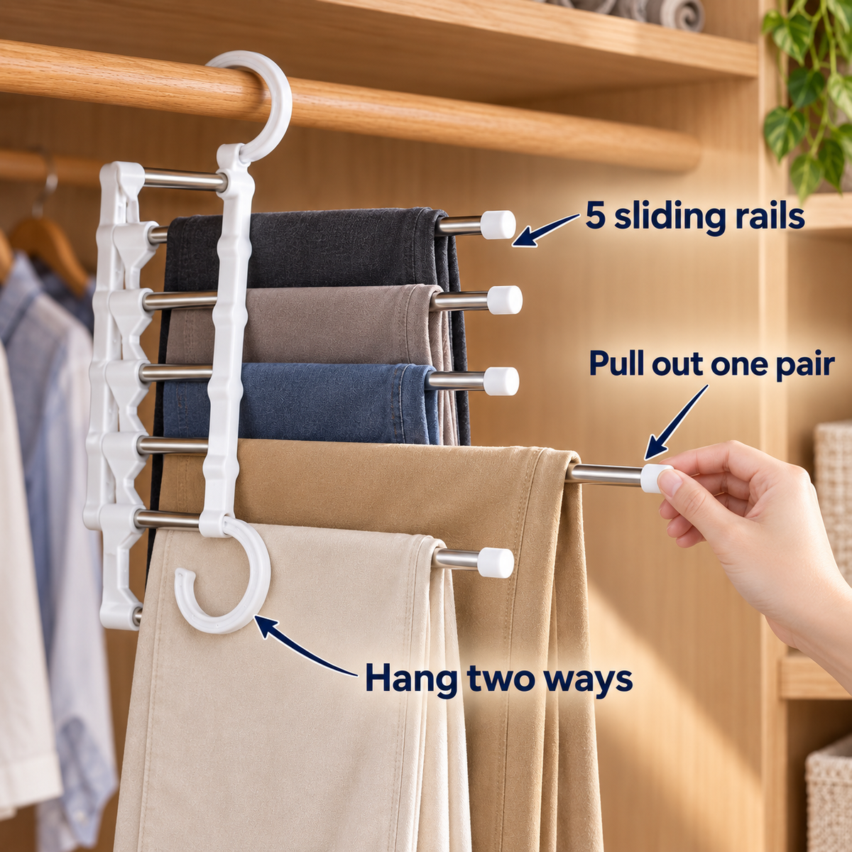 Space Saving Pants Hanger with 5 Sliding Rails, Foldable Closet Organizer for Trousers