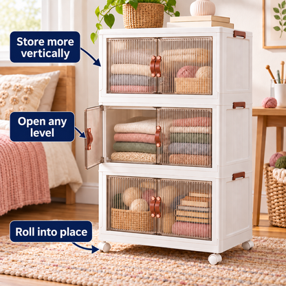 Stackable Storage Bins with Clear Doors, Collapsible Closet Organizer Shelf, 10 or 14 Gallon