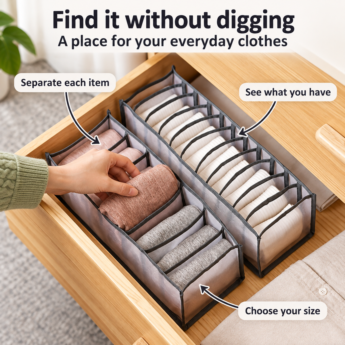 Mesh Drawer Clothes Organizers, Foldable Closet Storage Boxes for Underwear, Socks, Bras and Shirts, 4 Sizes
