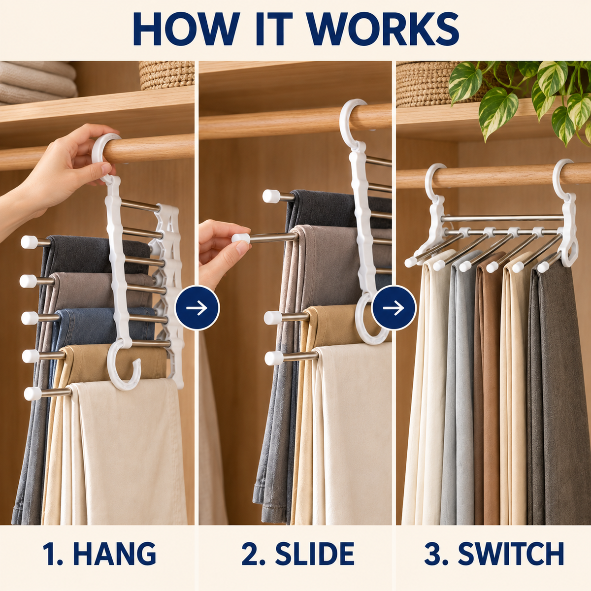 Space Saving Pants Hanger with 5 Sliding Rails, Foldable Closet Organizer for Trousers