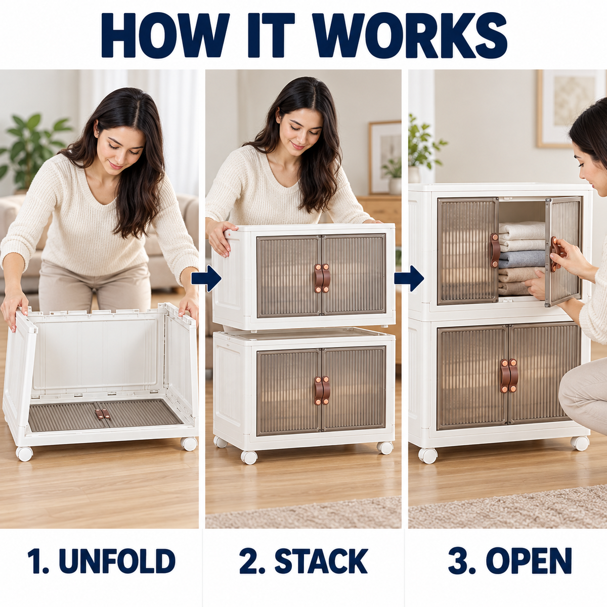 Stackable Storage Bins with Clear Doors, Collapsible Closet Organizer Shelf, 10 or 14 Gallon