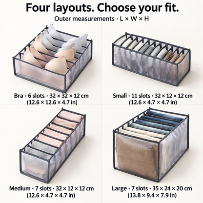 Mesh Drawer Clothes Organizers, Foldable Closet Storage Boxes for Underwear, Socks, Bras and Shirts, 4 Sizes