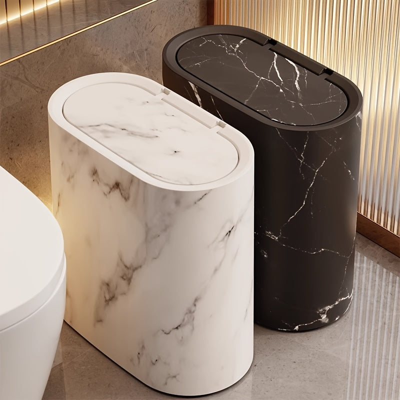 Marble Pattern Trash Can with Lid, Slim Oval Bathroom and Kitchen Bin for Small Spaces, 3 Colors