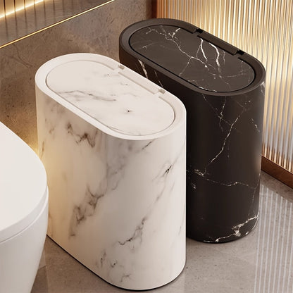 Marble Pattern Trash Can with Lid, Slim Oval Bathroom and Kitchen Bin for Small Spaces, 3 Colors