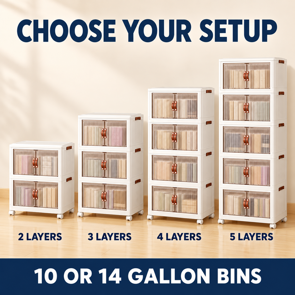 Stackable Storage Bins with Clear Doors, Collapsible Closet Organizer Shelf, 10 or 14 Gallon