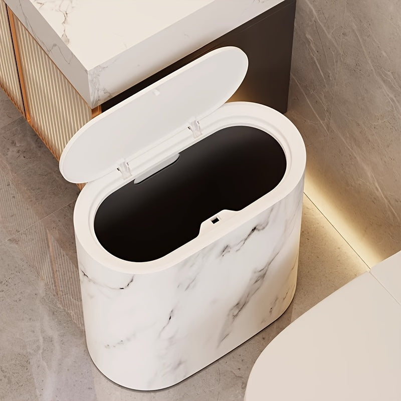 Marble Pattern Trash Can with Lid, Slim Oval Bathroom and Kitchen Bin for Small Spaces, 3 Colors