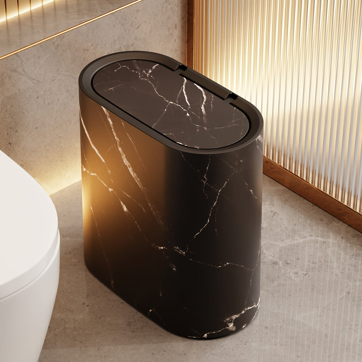 Marble Pattern Trash Can with Lid, Slim Oval Bathroom and Kitchen Bin for Small Spaces, 3 Colors