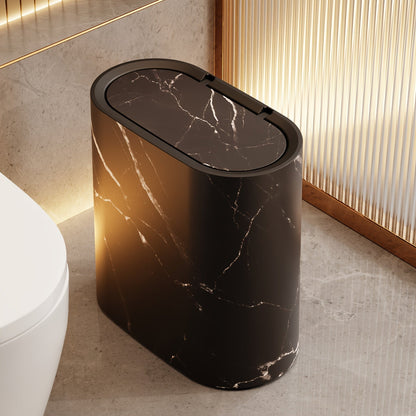 Marble Pattern Trash Can with Lid, Slim Oval Bathroom and Kitchen Bin for Small Spaces, 3 Colors