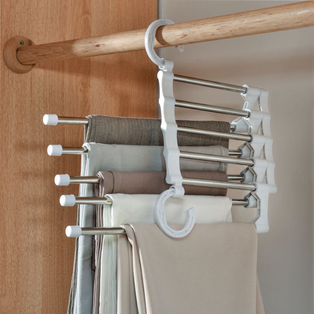 Space Saving Pants Hanger with 5 Sliding Rails, Foldable Closet Organizer for Trousers