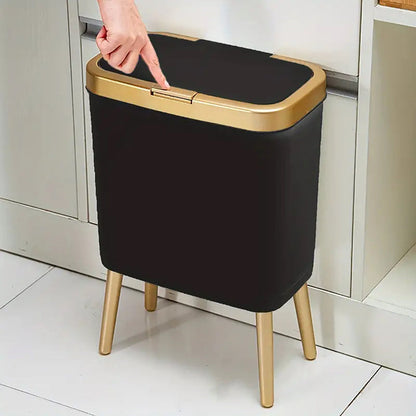 15L Slim Trash Can with Flip Lid and Gold Legs, Modern Raised Waste Bin for Kitchen, Bathroom and Bedroom