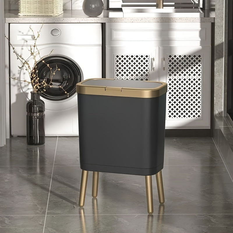 15L Slim Trash Can with Flip Lid and Gold Legs, Modern Raised Waste Bin for Kitchen, Bathroom and Bedroom
