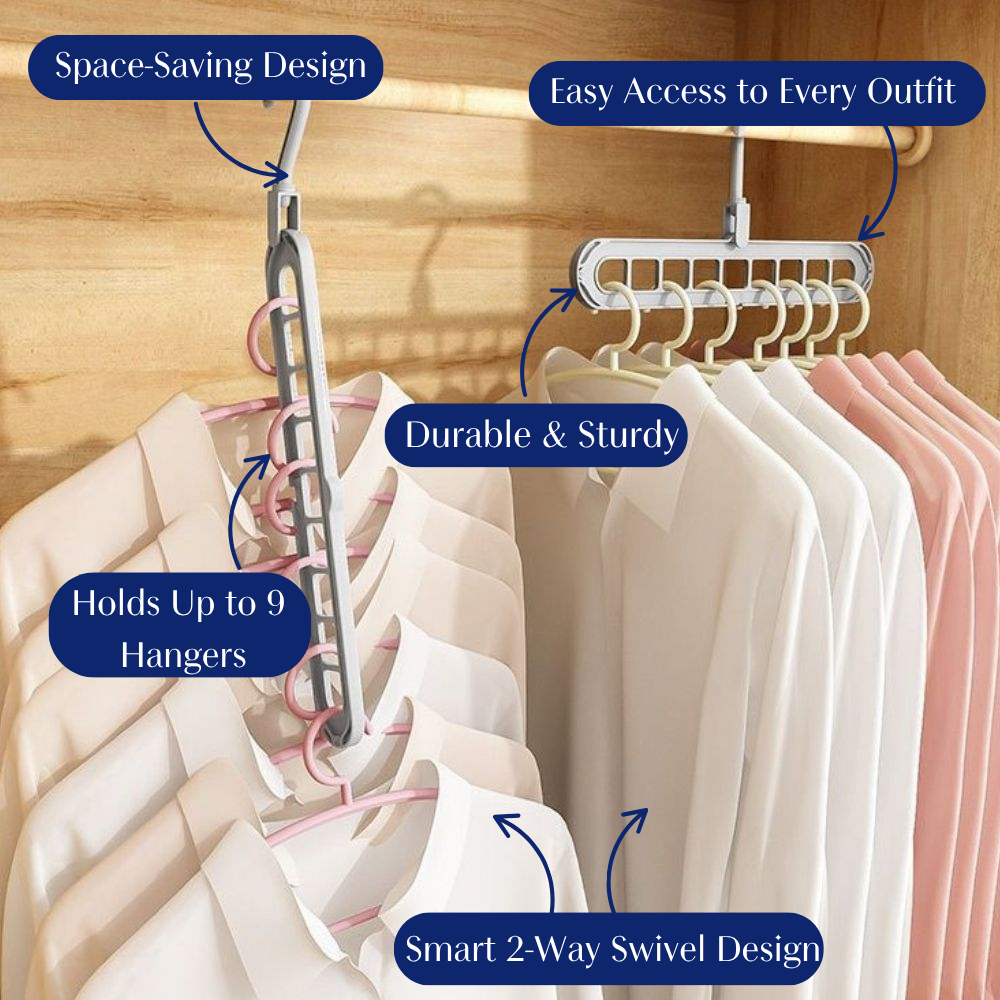 Two Way Swivel Hanger Organizer, Space Saving Closet Hanger That Holds Up to 9 Hangers Vertically