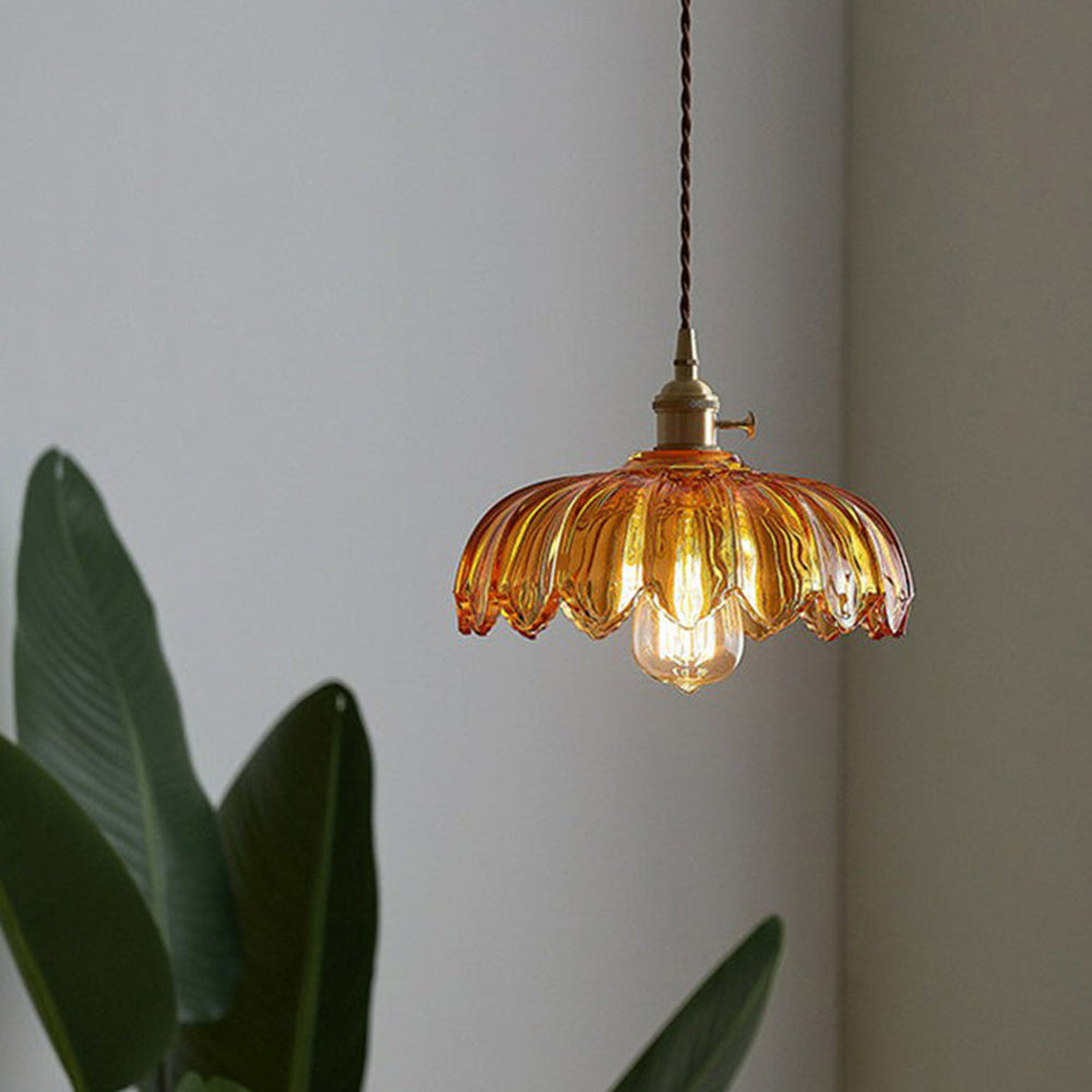 Vintage Flower Glass Pendant Light, Scalloped Glass Hanging Lamp with Brass Socket for Kitchen and Dining Room