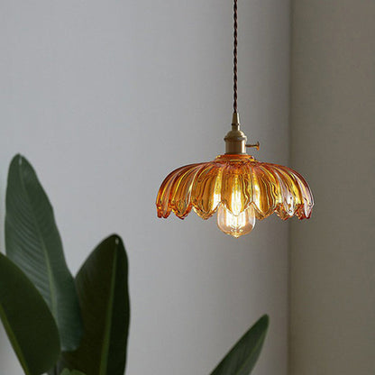 Vintage Flower Glass Pendant Light, Scalloped Glass Hanging Lamp with Brass Socket for Kitchen and Dining Room