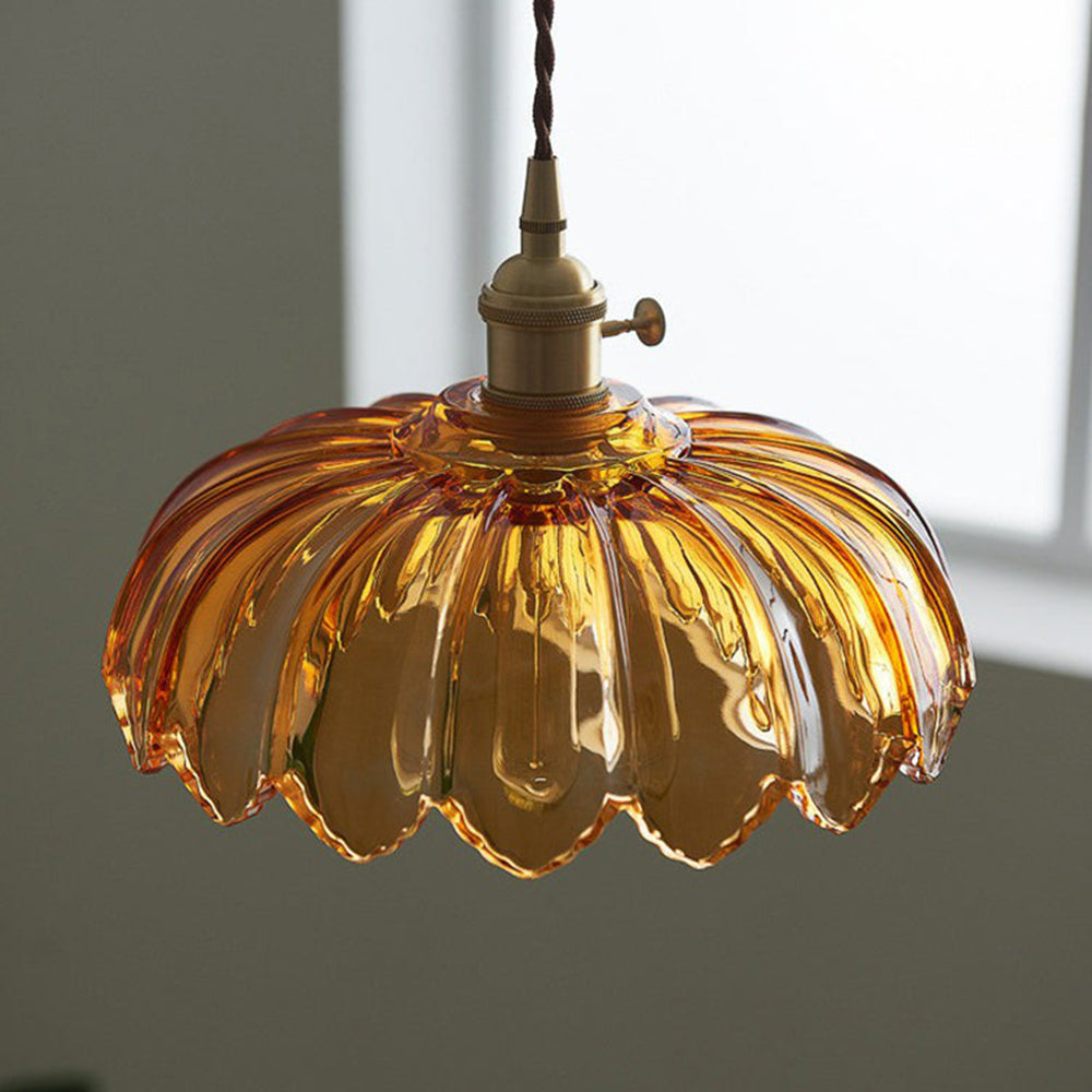 Vintage Flower Glass Pendant Light, Scalloped Glass Hanging Lamp with Brass Socket for Kitchen and Dining Room