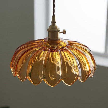 Vintage Flower Glass Pendant Light, Scalloped Glass Hanging Lamp with Brass Socket for Kitchen and Dining Room