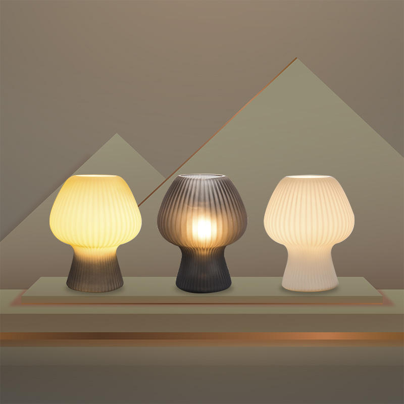 Vintage Ribbed Glass Mushroom Lamp, Dimmable LED Bedside Table Lamp in Mid Century Style