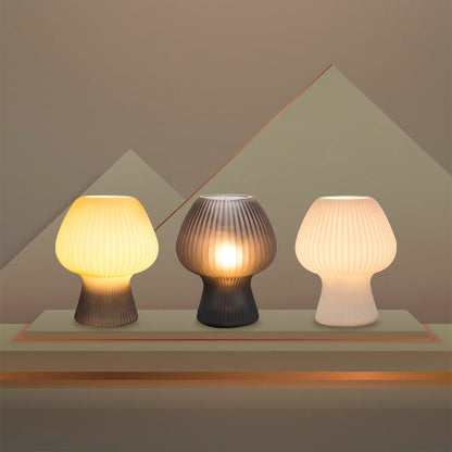 Vintage Ribbed Glass Mushroom Lamp, Dimmable LED Bedside Table Lamp in Mid Century Style