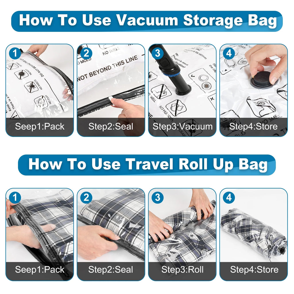 10 Combo Vacuum Storage Bags, Space Saver Bags, Airtight Double Zipper Vacuum Seal Bags for Clothes, Comforters, Blankets, Travel Compression Bags