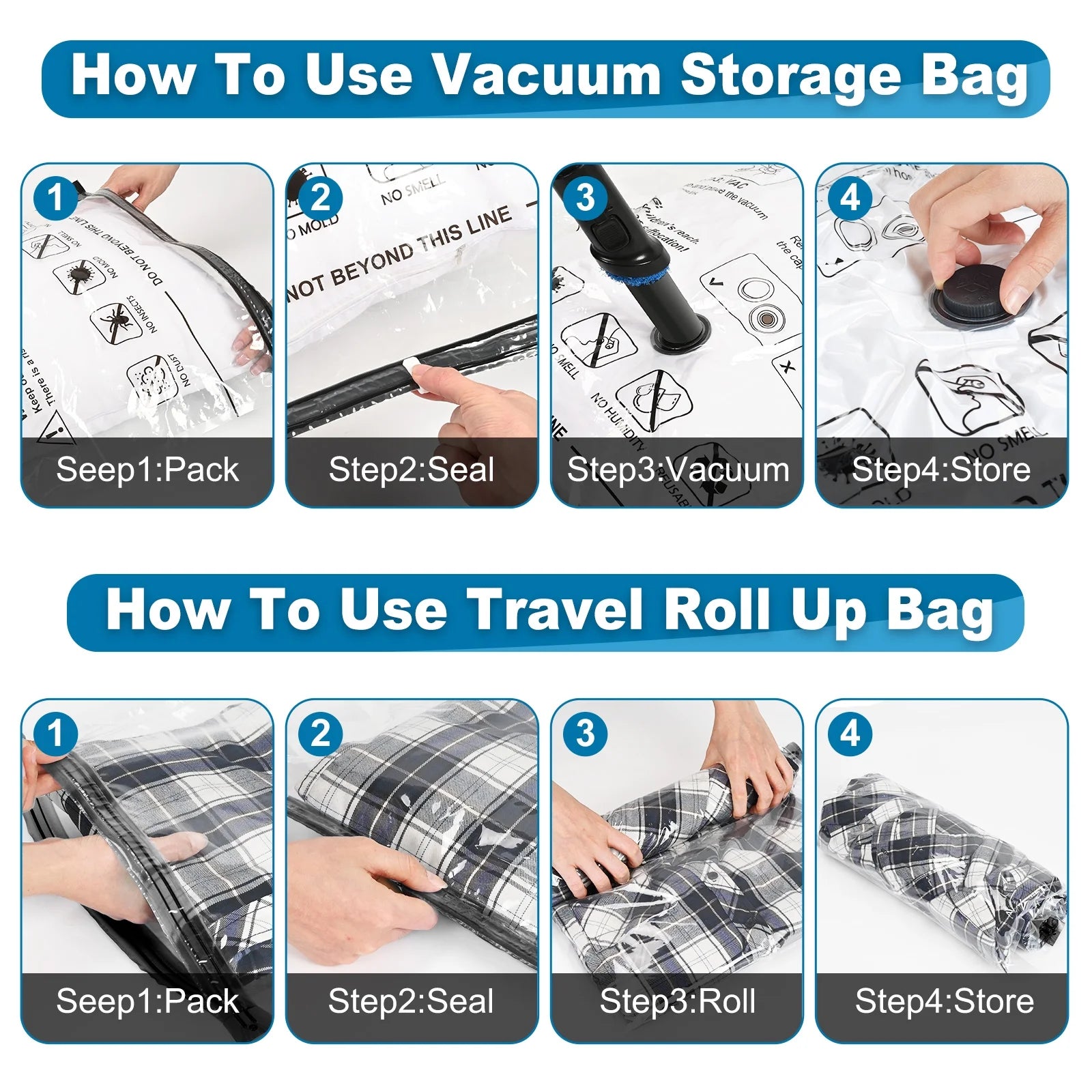10 Combo Vacuum Storage Bags, Space Saver Bags, Airtight Double Zipper Vacuum Seal Bags for Clothes, Comforters, Blankets, Travel Compression Bags