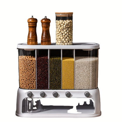 5 Compartment Dry Food Dispenser, Airtight Rice and Cereal Storage Container for Pantry