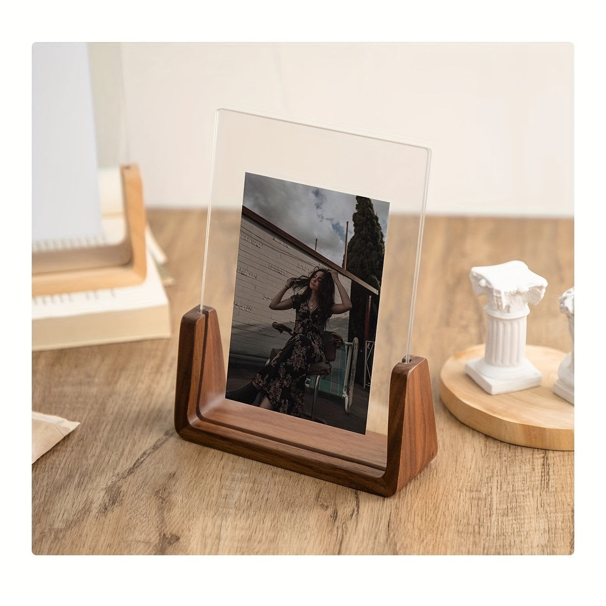 U Shaped Acrylic and Wood Photo Frame, Minimalist 6 Inch Tabletop Picture Frame, Horizontal or Vertical