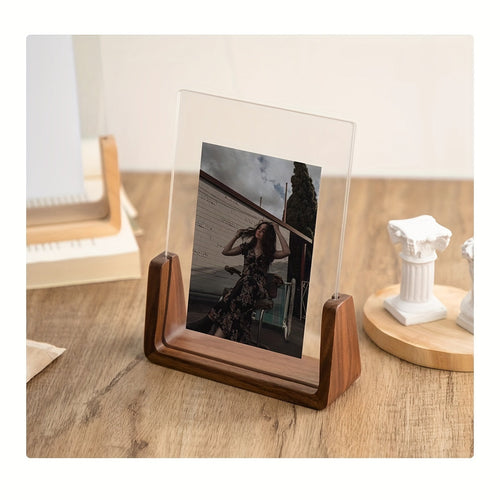 U Shaped Acrylic and Wood Photo Frame, Minimalist 6 Inch Tabletop Picture Frame, Horizontal or Vertical