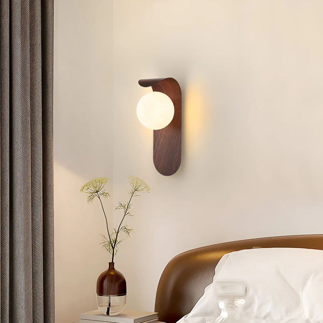 Scandinavian LED Wall Lamp, Wood and Frosted Glass Globe Wall Light for Bedroom, Living Room and Hallway
