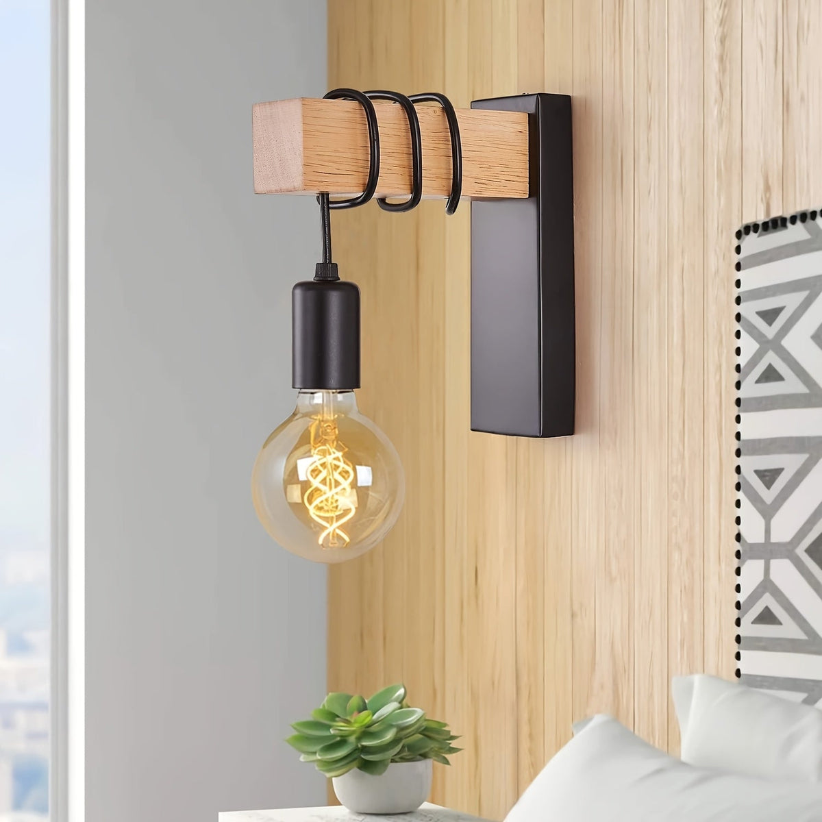 Hardwired Industrial Wall Sconce, Wood and Metal E27 Wall Light for Bedroom, Hallway and Stairway, Bulb Not Included