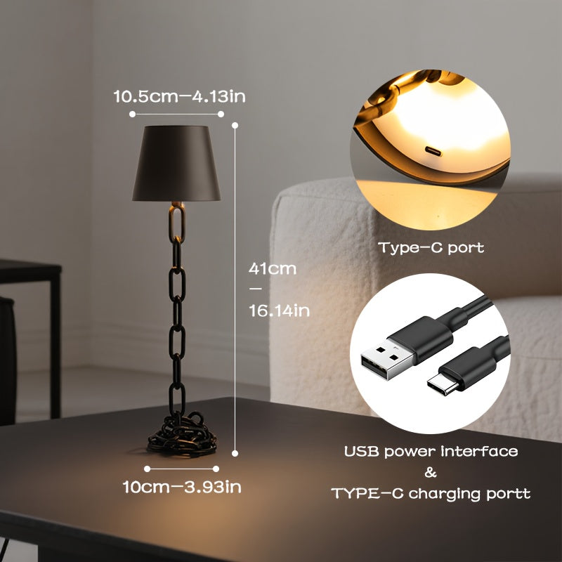 Modern Chain Link Table Lamp, Rechargeable Touch LED Lamp with USB C Charging, Matte Black Industrial Design