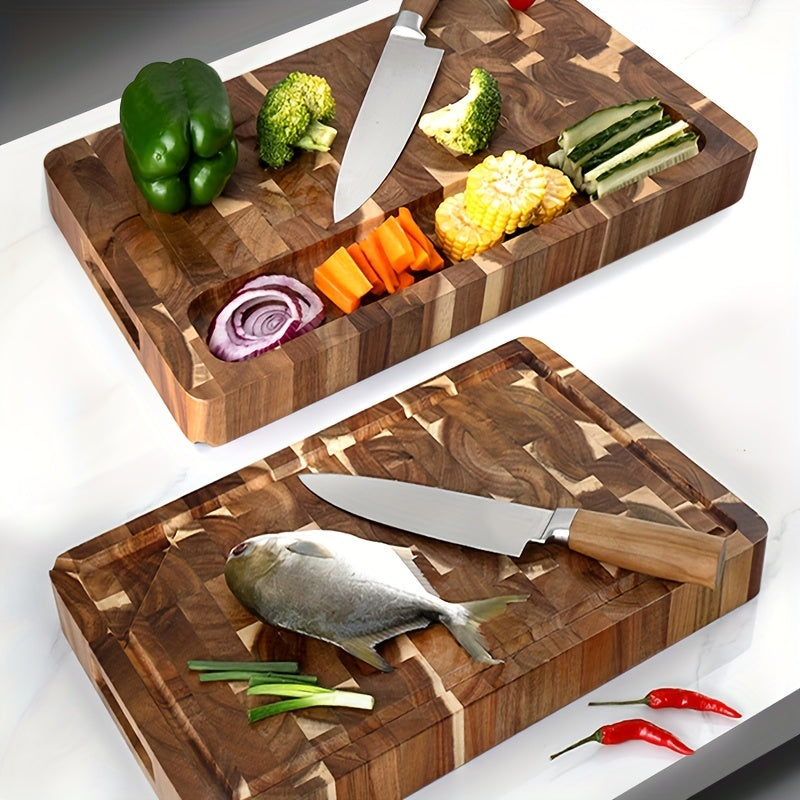 Large Acacia Wood End Grain Cutting Board with Juice Groove, Thick Butcher Block Chopping Board