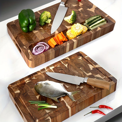 Large Acacia Wood End Grain Cutting Board with Juice Groove, Thick Butcher Block Chopping Board