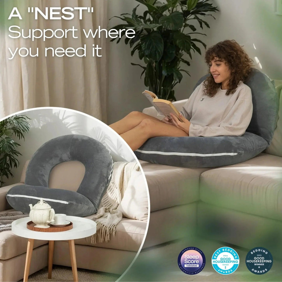 Folding Reading Pillow for Bed, U Shaped Back Support Pillow, Detachable 2 in 1 Design