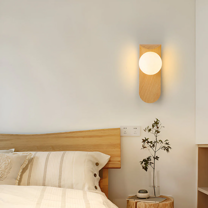 Scandinavian LED Wall Lamp, Wood and Frosted Glass Globe Wall Light for Bedroom, Living Room and Hallway