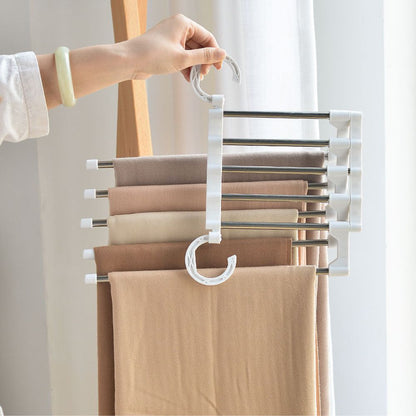 Space Saving Pants Hanger with 5 Sliding Rails, Foldable Closet Organizer for Trousers