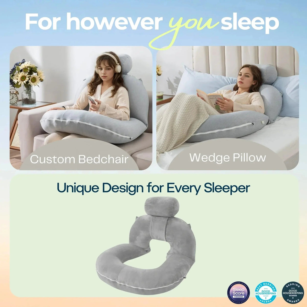 Folding Reading Pillow for Bed, U Shaped Back Support Pillow, Detachable 2 in 1 Design