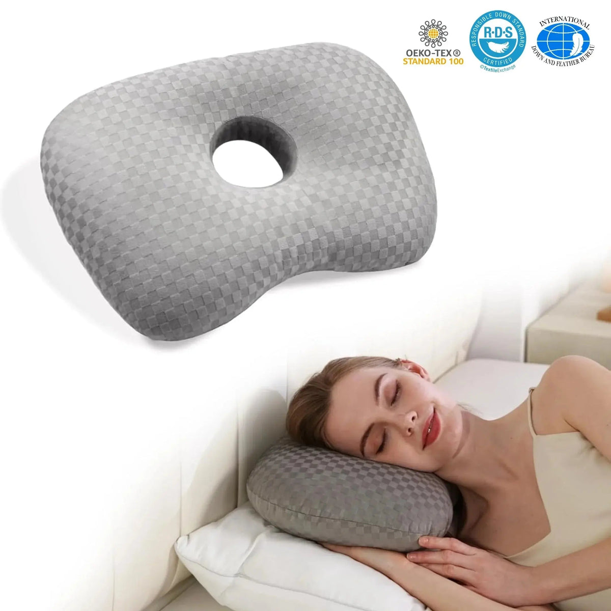 Adjustable Ear Support Pillow with Center Hole, Curved Cotton Pillow Topper, 17 x 13 in