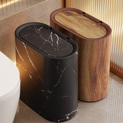 Marble Pattern Trash Can with Lid, Slim Oval Bathroom and Kitchen Bin for Small Spaces, 3 Colors