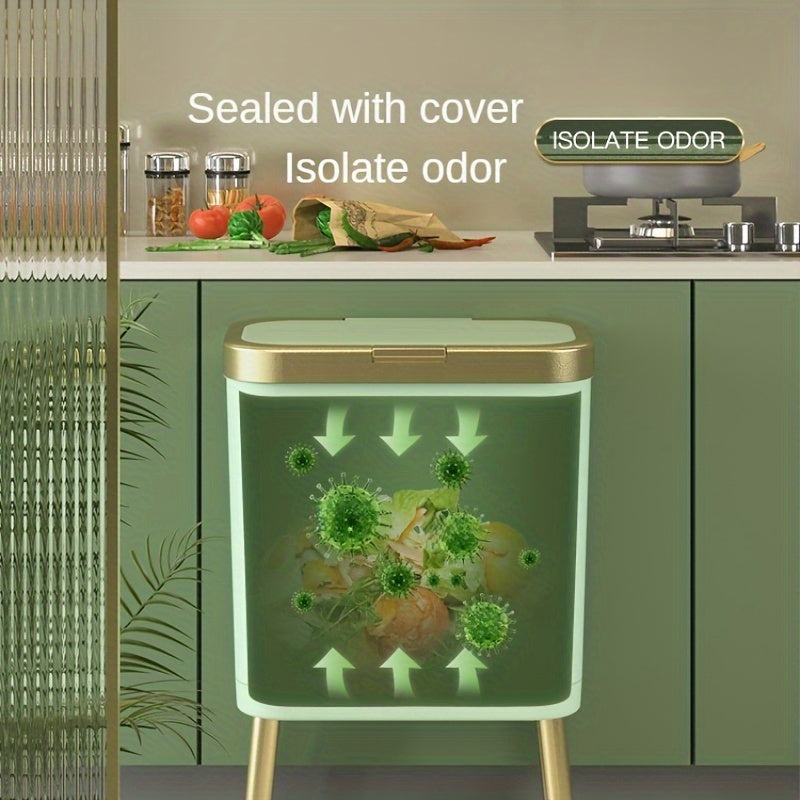 15L Slim Trash Can with Flip Lid and Gold Legs, Modern Raised Waste Bin for Kitchen, Bathroom and Bedroom