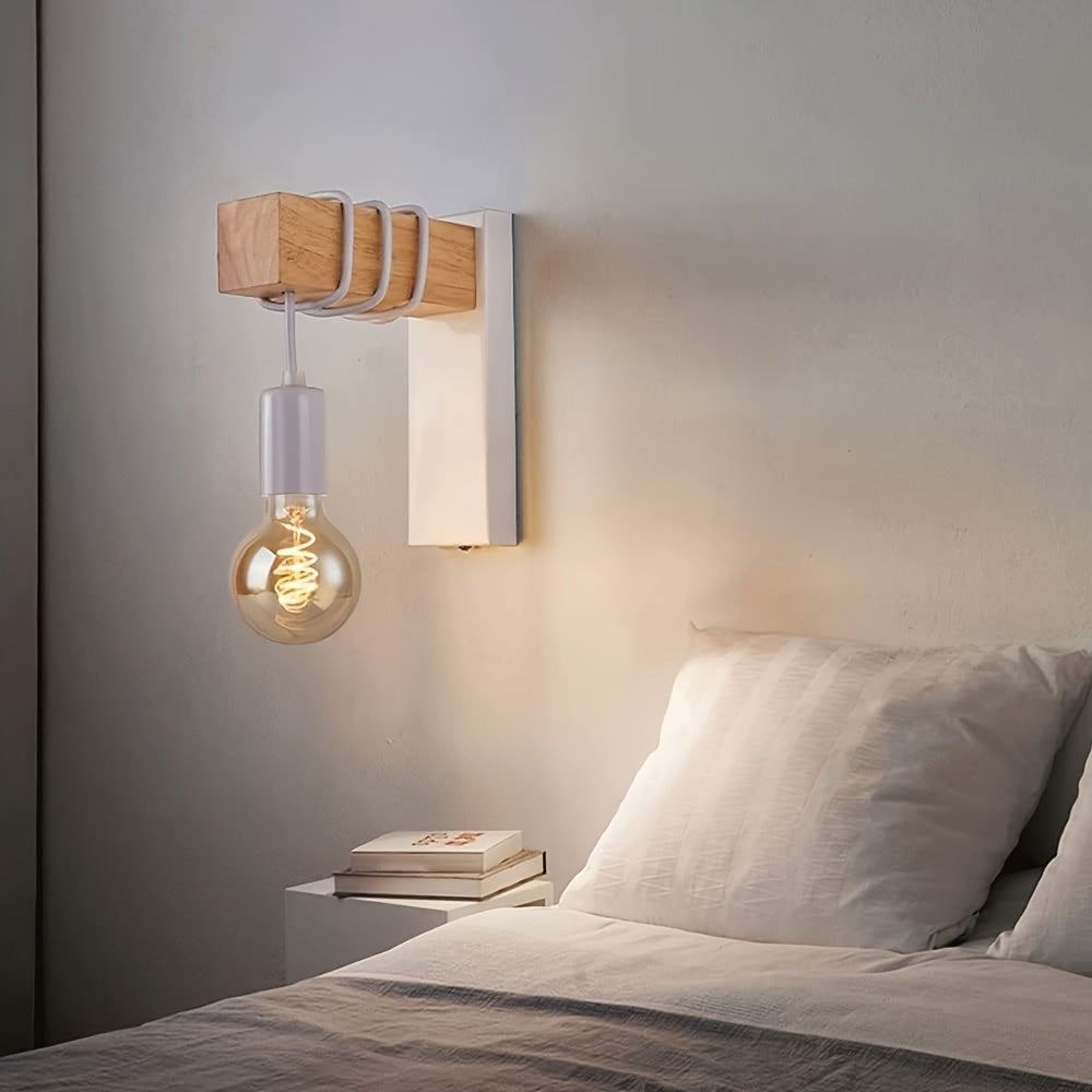 Hardwired Industrial Wall Sconce, Wood and Metal E27 Wall Light for Bedroom, Hallway and Stairway, Bulb Not Included