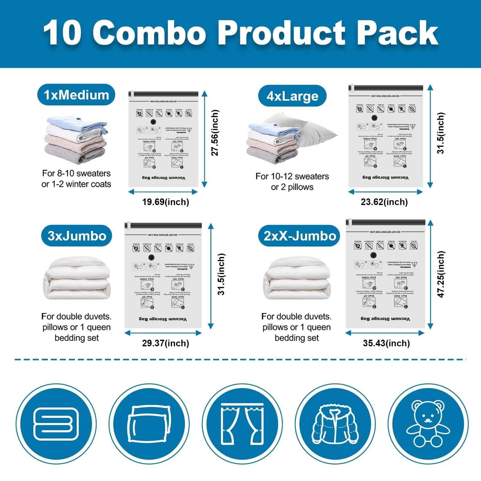 10 Combo Vacuum Storage Bags, Space Saver Bags, Airtight Double Zipper Vacuum Seal Bags for Clothes, Comforters, Blankets, Travel Compression Bags