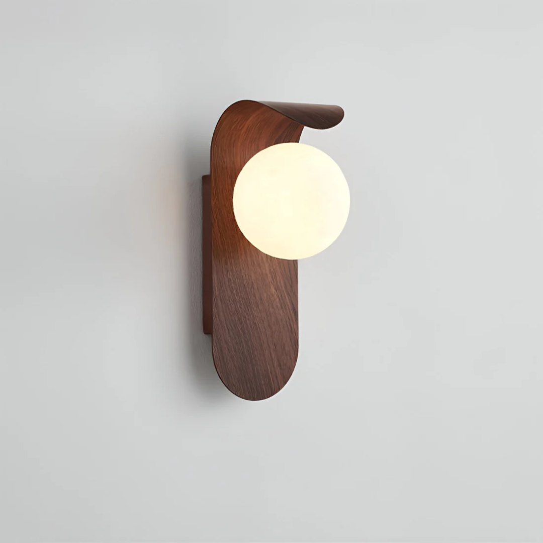 Scandinavian LED Wall Lamp, Wood and Frosted Glass Globe Wall Light for Bedroom, Living Room and Hallway