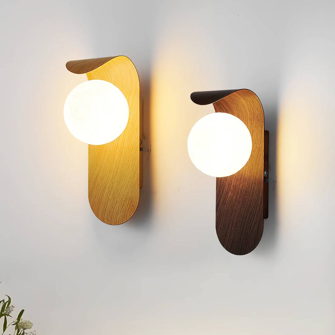 Scandinavian LED Wall Lamp, Wood and Frosted Glass Globe Wall Light for Bedroom, Living Room and Hallway