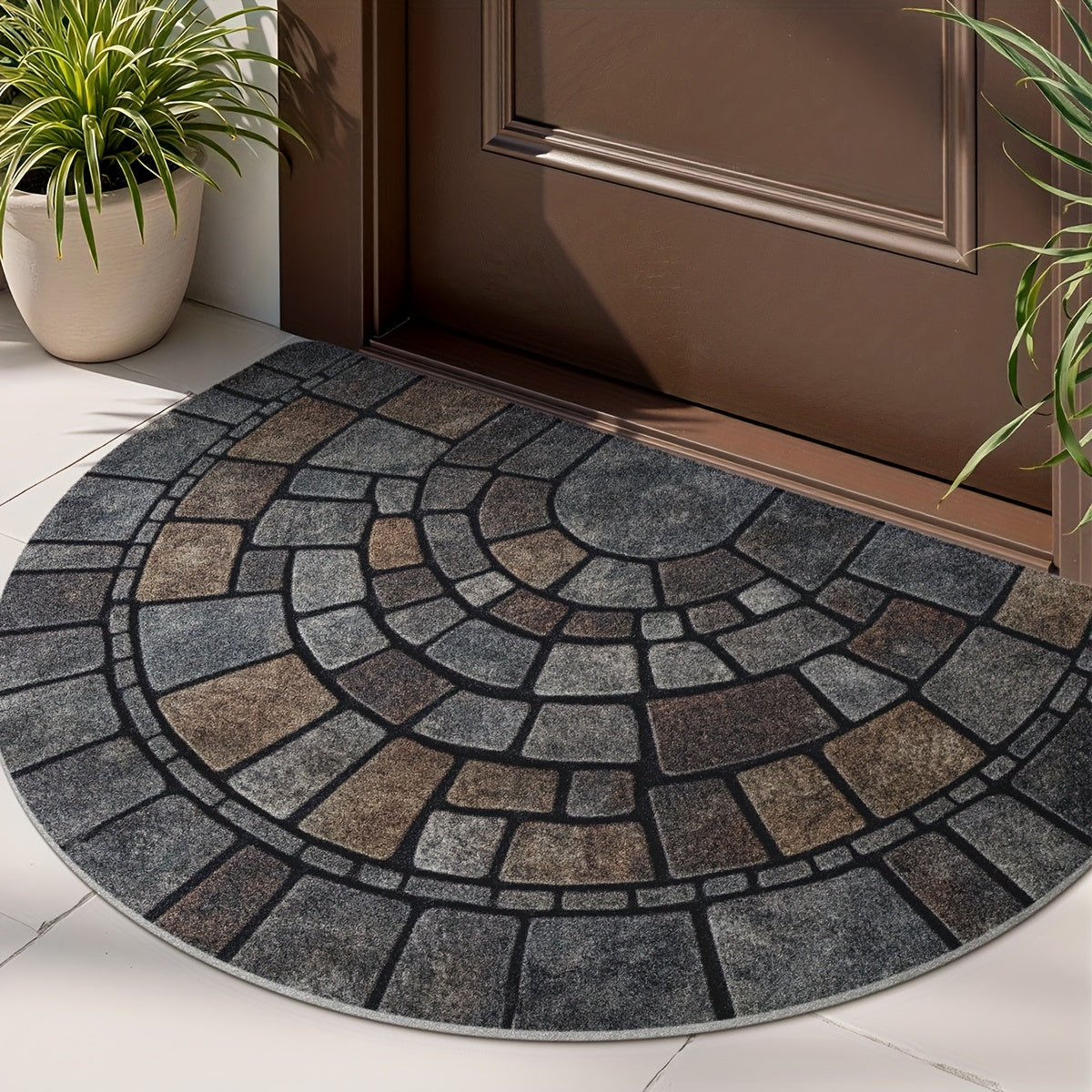 Half Circle Door Mat, Non Slip Stone Mosaic Entryway Rug for Indoor and Outdoor Use