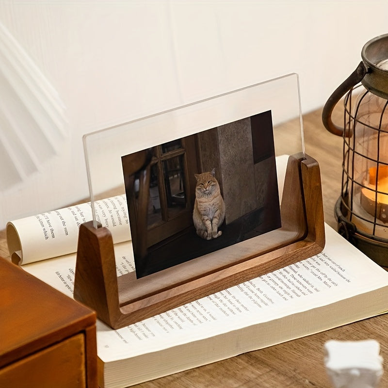 U Shaped Acrylic and Wood Photo Frame, Minimalist 6 Inch Tabletop Picture Frame, Horizontal or Vertical
