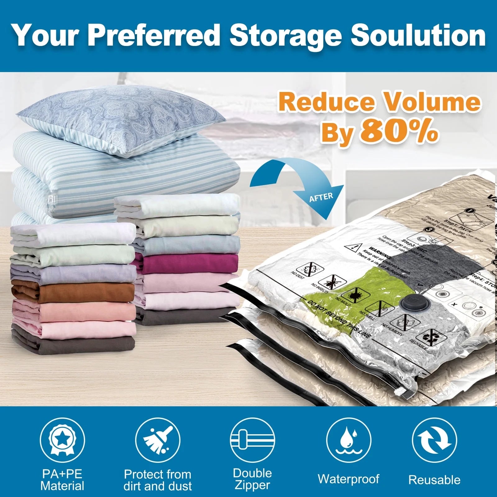 10 Combo Vacuum Storage Bags, Space Saver Bags, Airtight Double Zipper Vacuum Seal Bags for Clothes, Comforters, Blankets, Travel Compression Bags