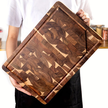 Large Acacia Wood End Grain Cutting Board with Juice Groove, Thick Butcher Block Chopping Board