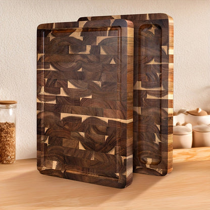 Large Acacia Wood End Grain Cutting Board with Juice Groove, Thick Butcher Block Chopping Board