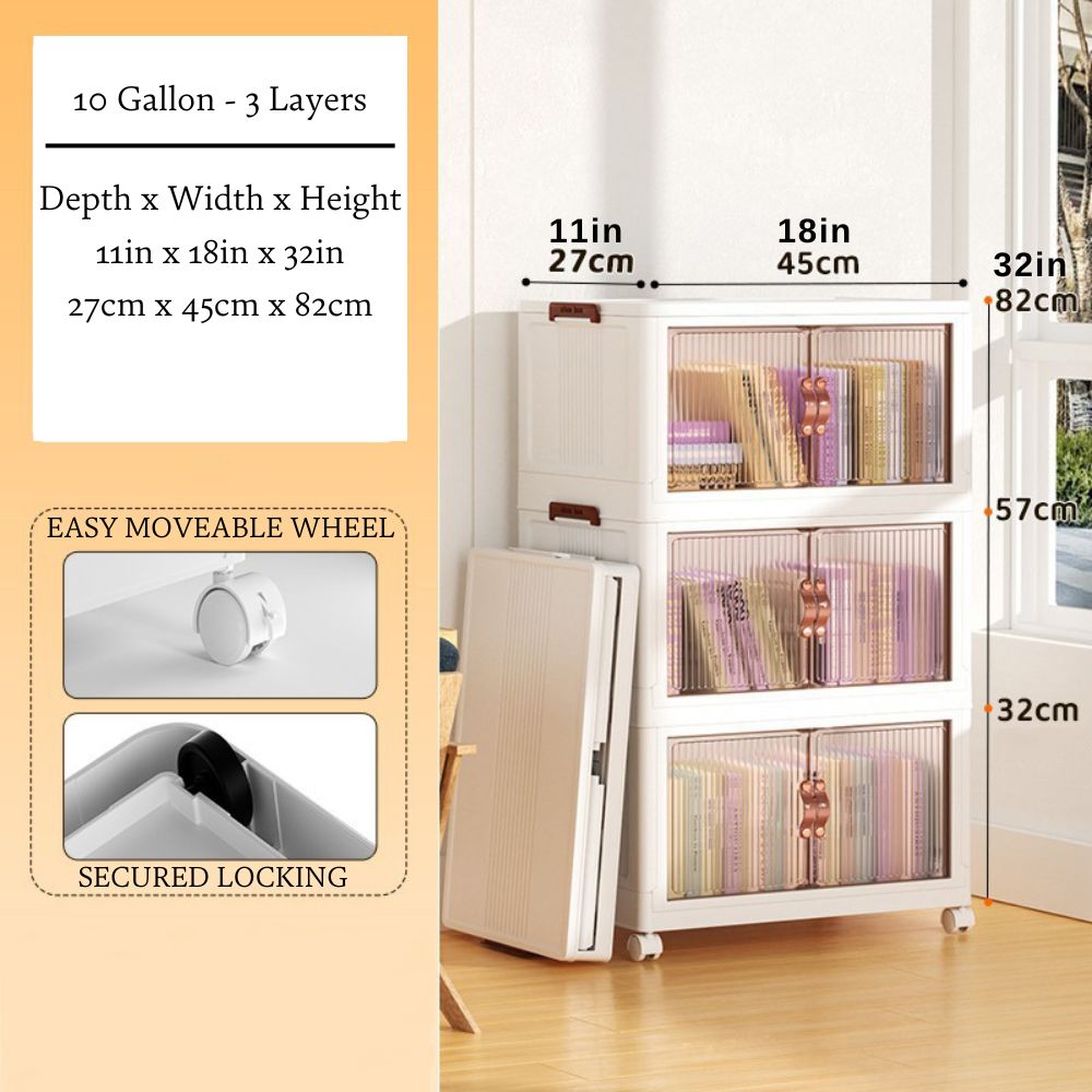 Stackable Storage Bins with Clear Doors, Collapsible Closet Organizer Shelf, 10 or 14 Gallon