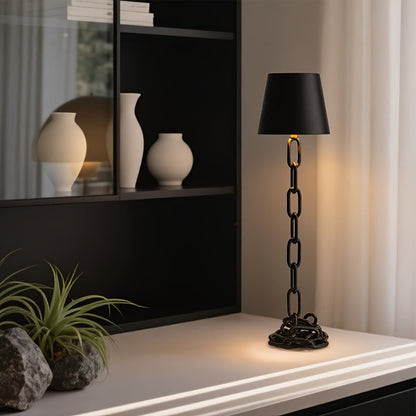 Modern Chain Link Table Lamp, Rechargeable Touch LED Lamp with USB C Charging, Matte Black Industrial Design